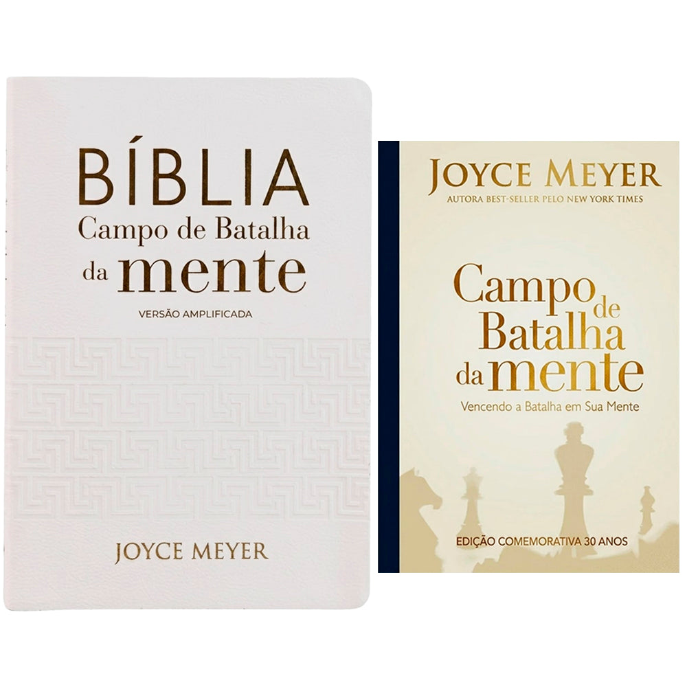 Kit Bíblia Campo de Batalha da Mente, NVA, Letra Normal, Capa Luxo, branco com detalhes dourados — Plenitude