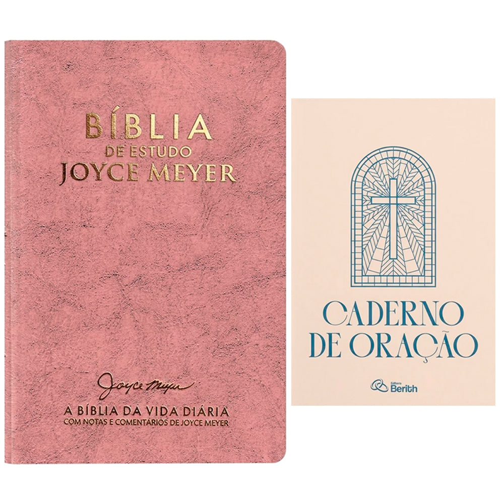 Kit Bíblia de Estudo Joyce Meyer NVI Letra Grande Capa Rosa e Caderno de Oração, capas rosa e bege. — Plenitude