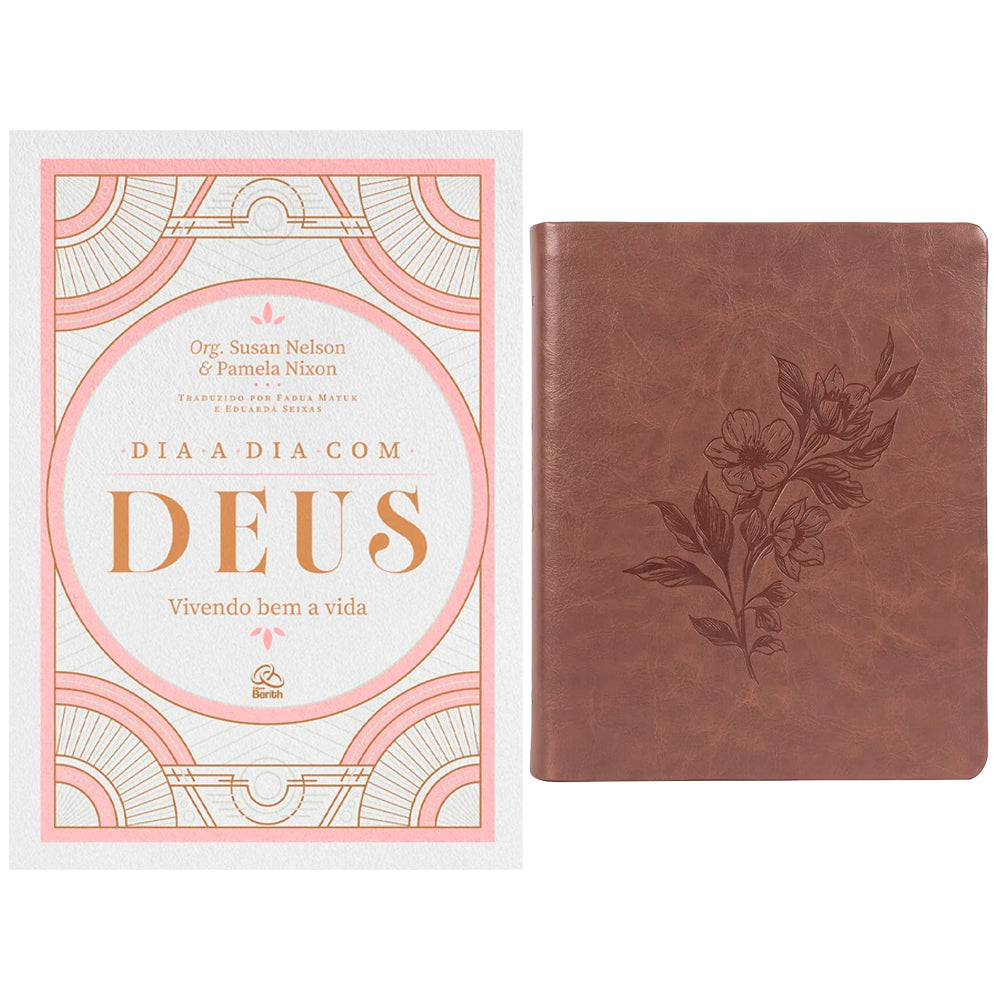 Kit Bíblia Sagrada Leia e Anote Flor do Campo NVI Letra Grande e livro Dia a Dia com Deus, capas marrom e rosa. — Plenitude