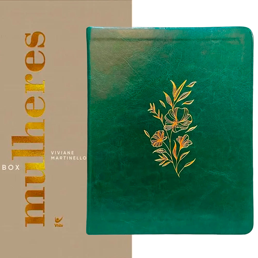 Kit Box Mulheres Viviane Martinello Capa Dura Luxo bege e Bíblia Mulheres Floral Verde com detalhes dourados. — Plenitude