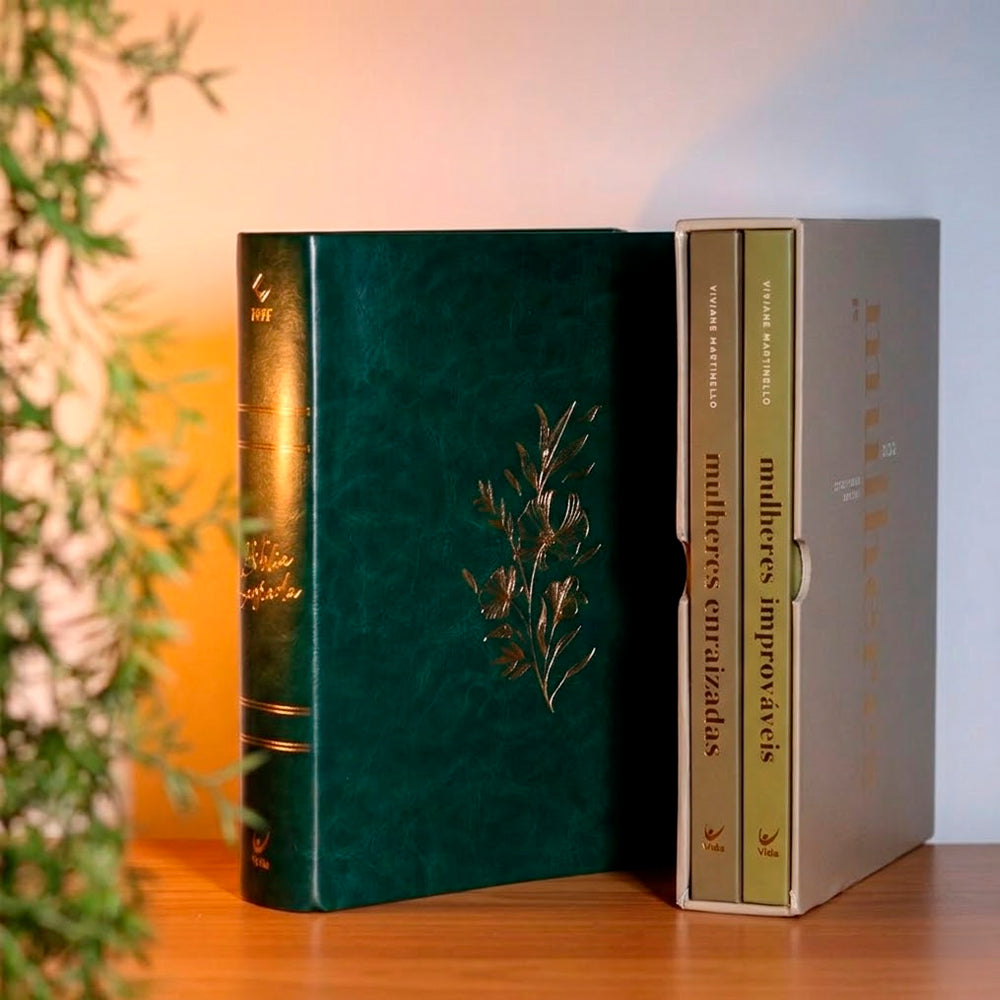 Kit Box Mulheres Viviane Martinello Capa Dura Luxo + Bíblia Mulheres Floral Verde Musgo NVT