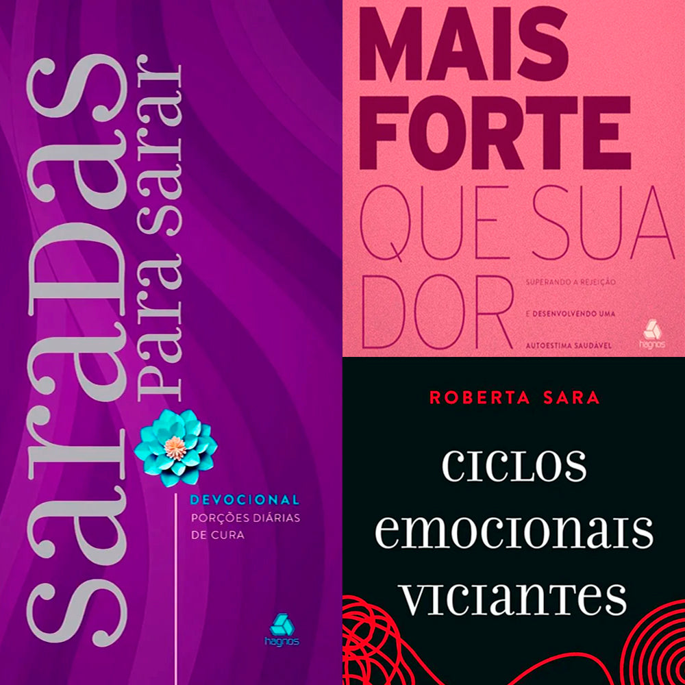 Kit Devocional Saradas Para Sarar + Mais Forte Que Sua Dor + Ciclos Em, Roberta S, capas roxa, rosa e preta — Plenitude