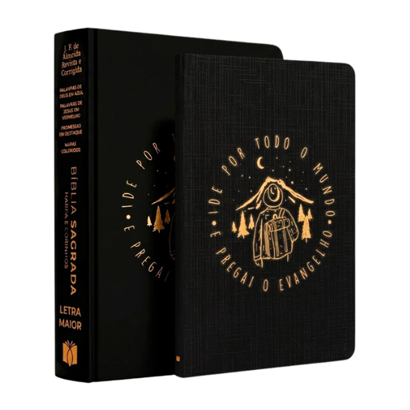 Kit Livro Bloco de Anotações e Bíblia Sagrada Ide, Capa Brochura, preto com ilustração de montanhas e texto. — Plenitude