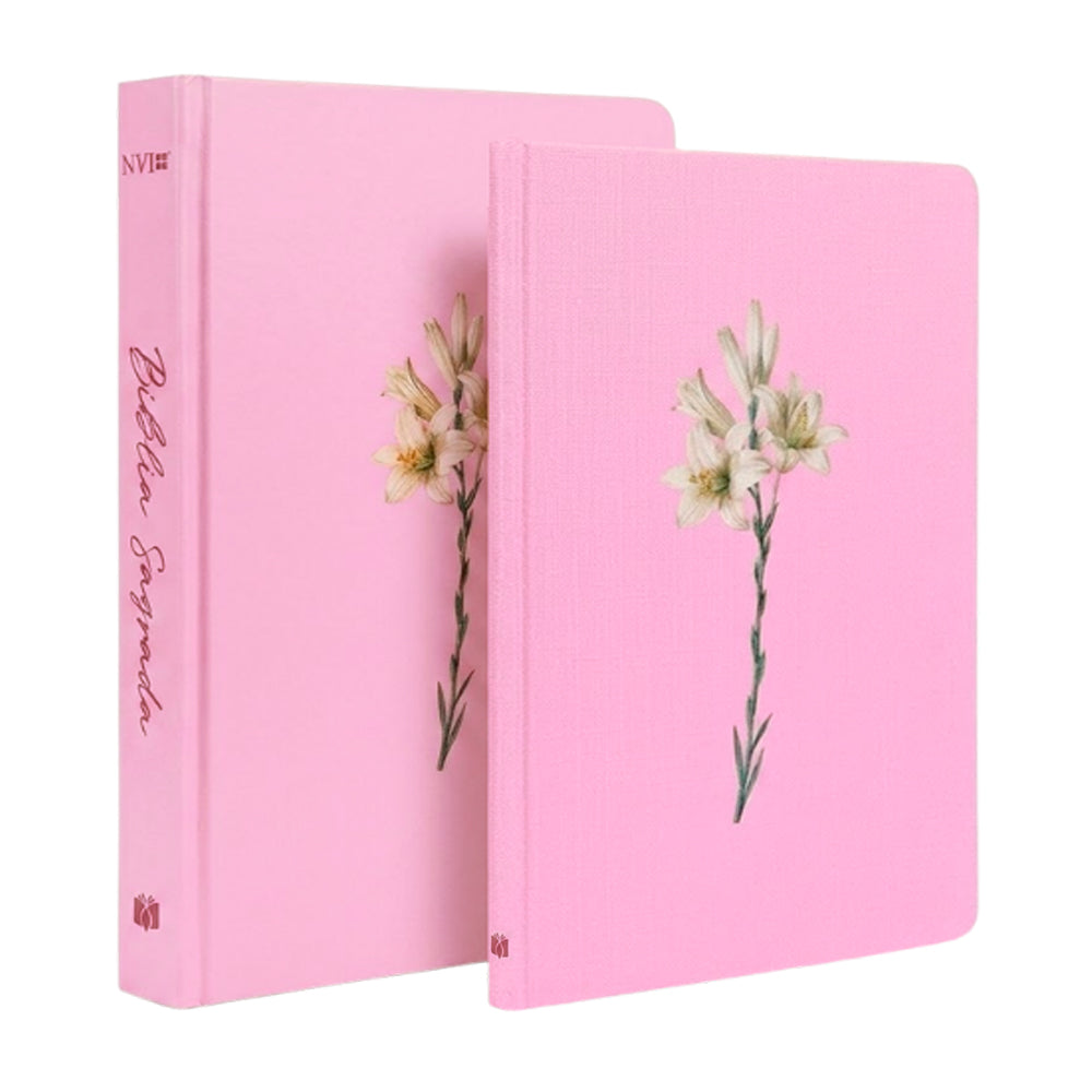 Kit Livro Bloco de Anotações  | Capa Brochura e Bíblia Sagrada Lírios | NVI | Letra Maior | Capa Dura Rosa