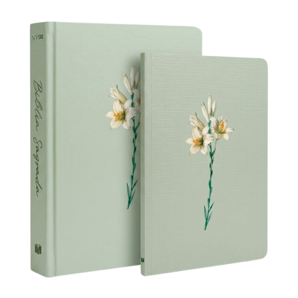 Kit Livro Bloco de Anotações  | Capa Brochura e Bíblia Sagrada Lírios Verde | NVI | Letra Maior | Capa Dura