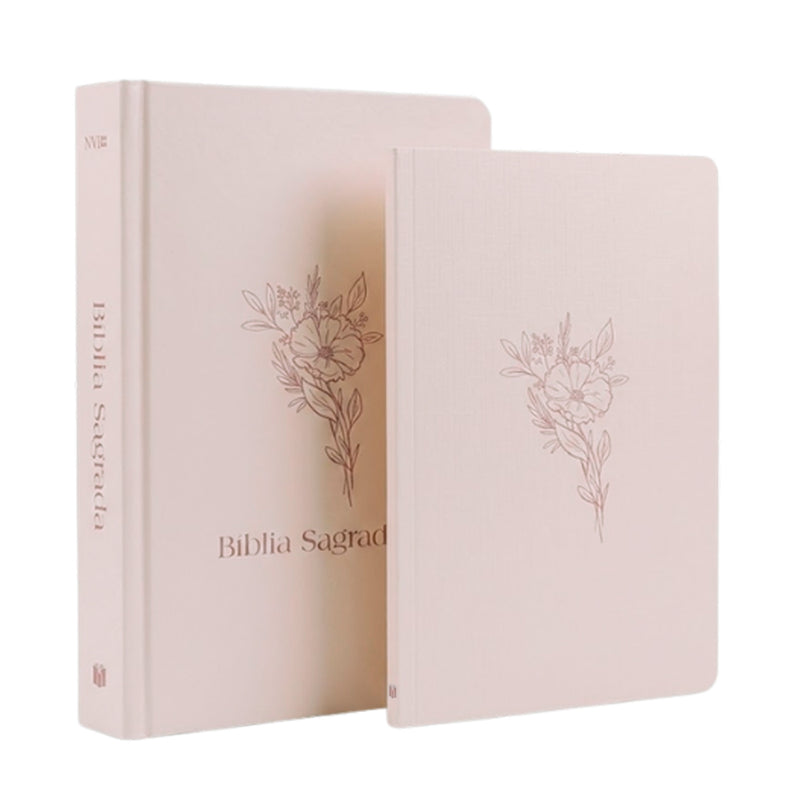 Kit Livro Bloco de Anotações e Bíblia Sagrada Flor, Capa Brochura, bege com estampa floral. — Plenitude