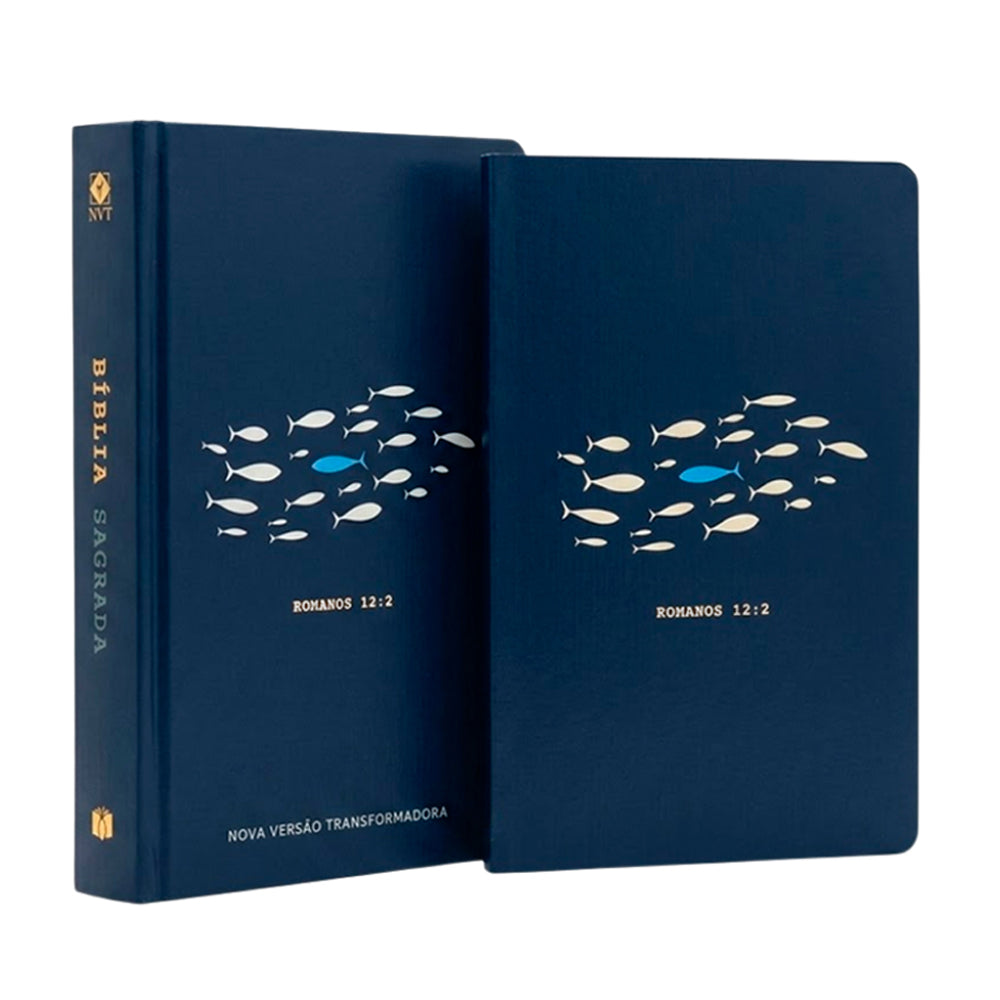 Kit Livro Bloco de Anotações e Bíblia Sagrada Slim Cor, Capa Brochura, azul marinho com peixes. — Plenitude