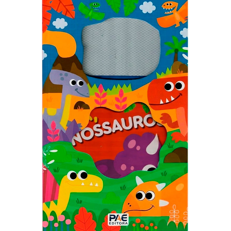 Livro infantil Lousa Mágica, capa colorida com tema de dinossauros em paisagem vulcânica e florestal. — Plenitude