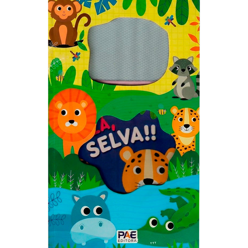 Livro infantil Lousa Mágica, capa colorida com tema de selva e animais como macaco, leão, onça, hipopótamo e jacaré. — Plenitude