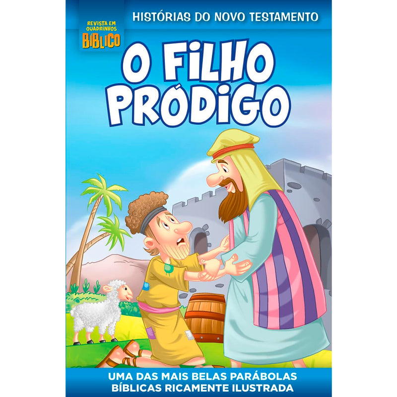 Capa da revista em quadrinhos O Filho Pródigo, com ilustração colorida de personagens bíblicos. — Plenitude