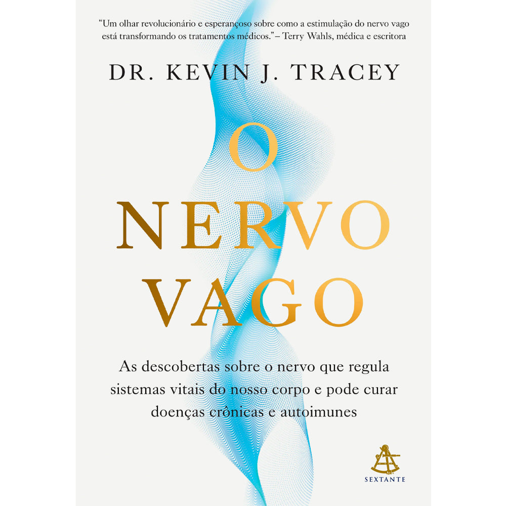 Livro "O Nervo Vago", capa branca com ondas azuis e douradas. — Plenitude