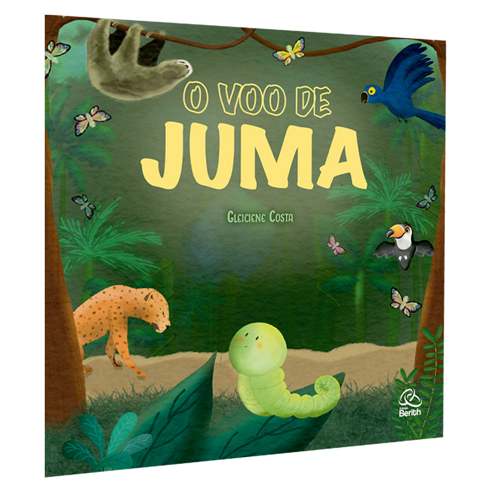 Livro infantil O Voo de Juma, capa ilustrada com animais da floresta. — Plenitude