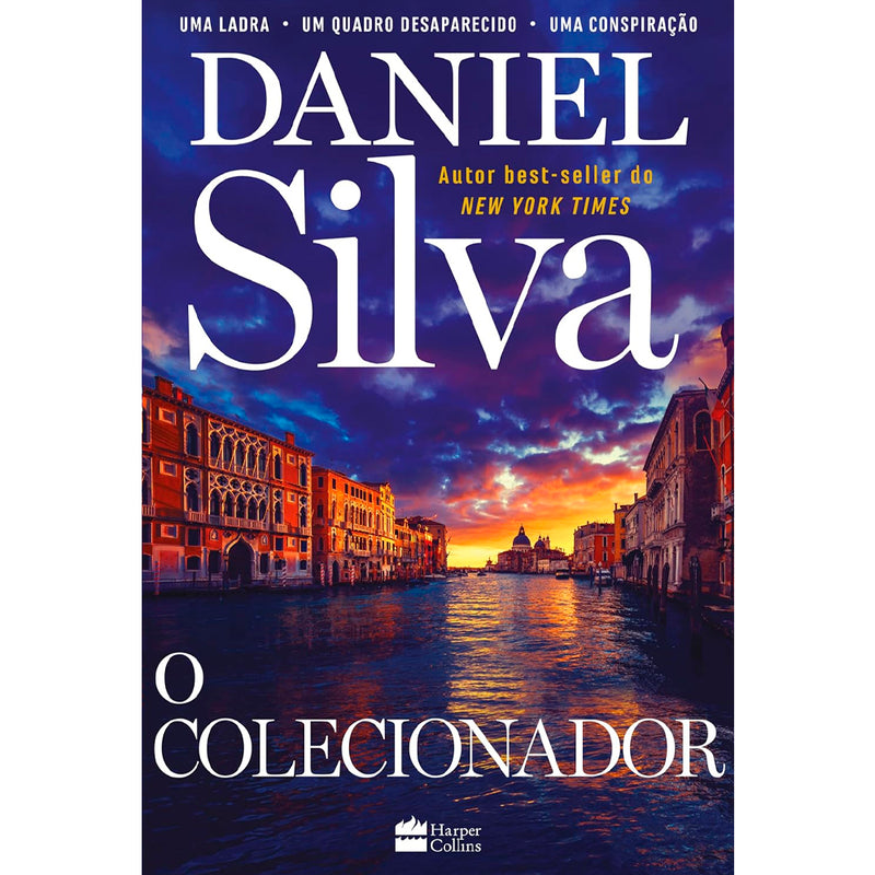 Livro O Colecionador, capa azul com vista de Veneza ao pôr do sol. Título em branco e amarelo. — Plenitude