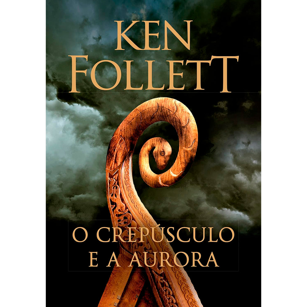 Livro de capa comum, O Crepúsculo e a Aurora de Ken Follett, com capa escura e detalhe de proa de barco viking. — Plenitude