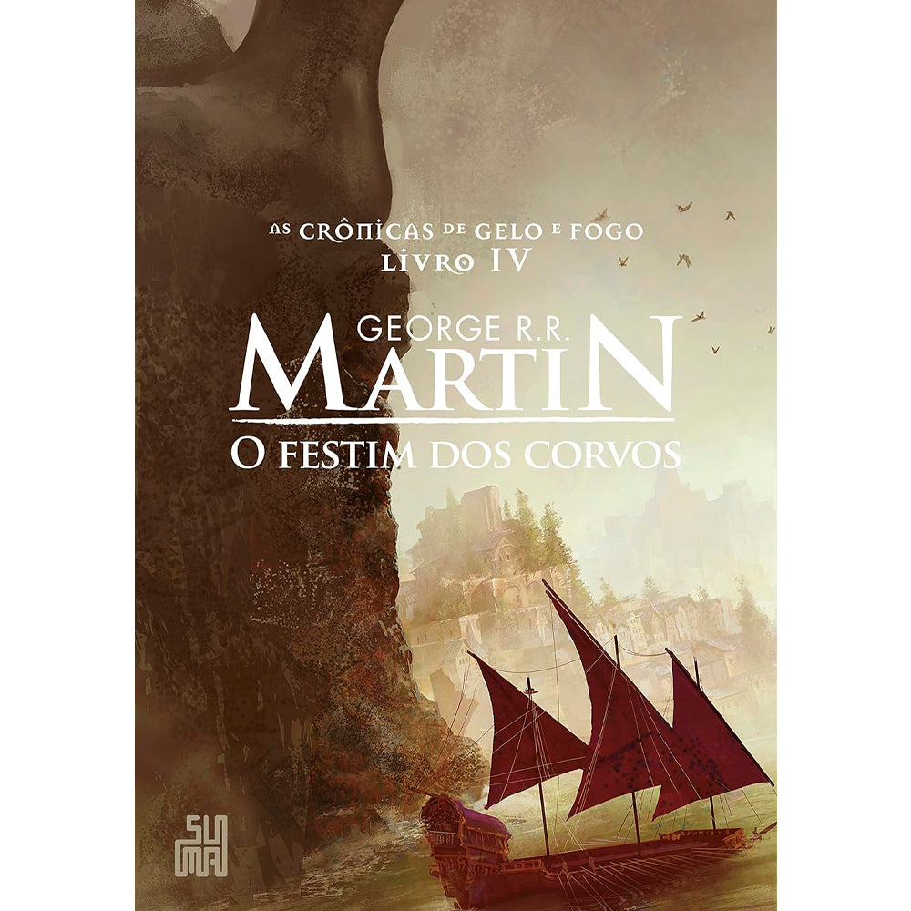 Livro de capa comum, "O Festim dos Corvos" de George R.R. Martin, capa com navio e paisagem rochosa. — Plenitude