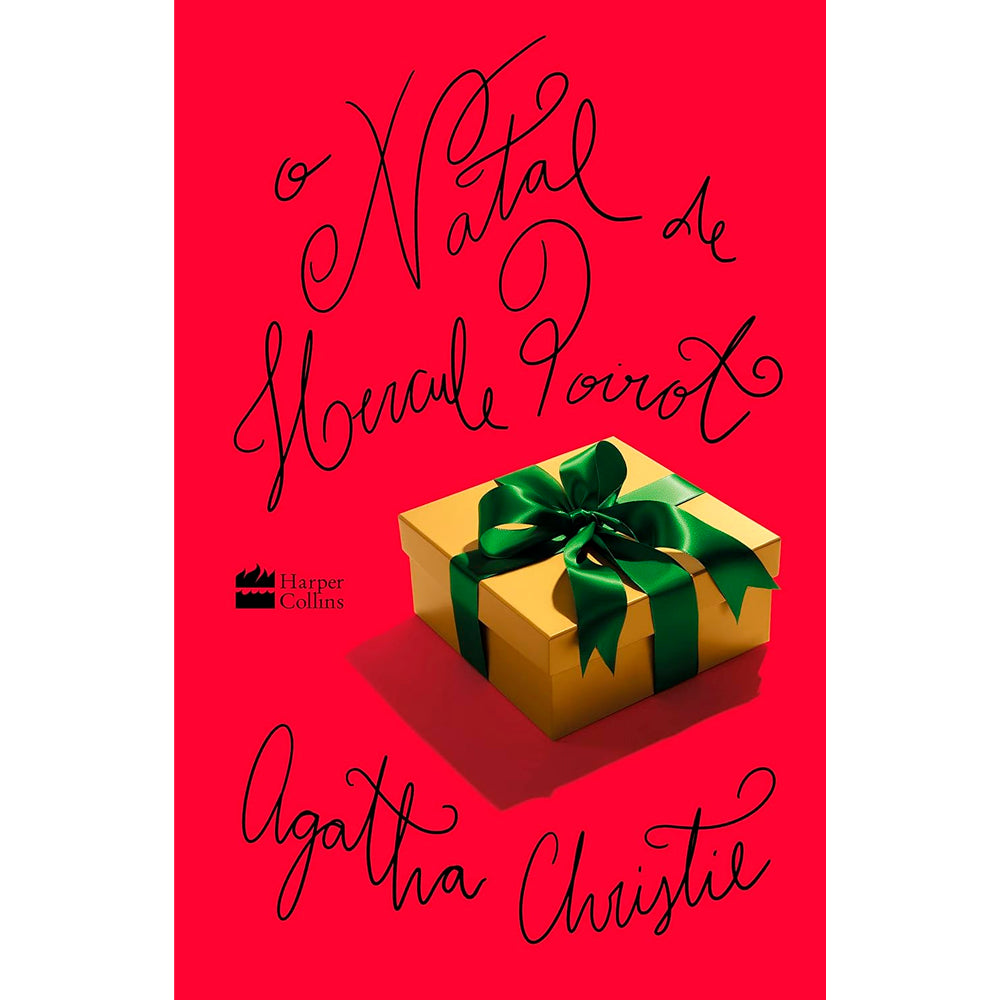 Livro de capa mole vermelha com título "O Natal de Hercule Poirot" em preto e uma caixa de presente dourada. — Plenitude