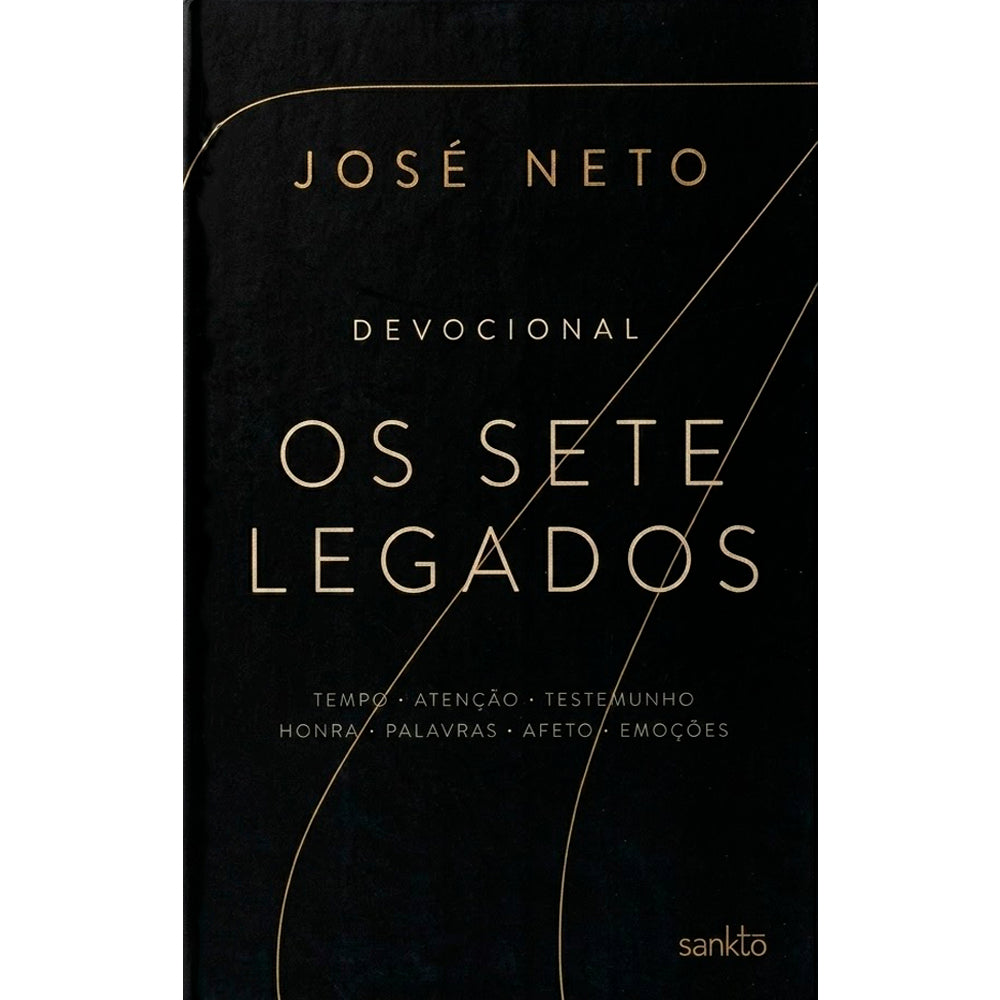 Livro Os Sete Legados, capa preta com detalhes dourados e título em branco. — Plenitude