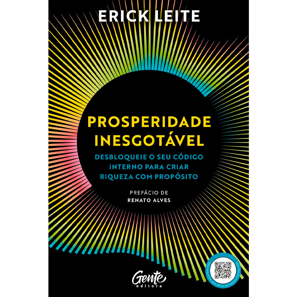 Livro de capa dura preta com título "Prosperidade Inesgotável" em branco e dourado, com círculo colorido. — Plenitude