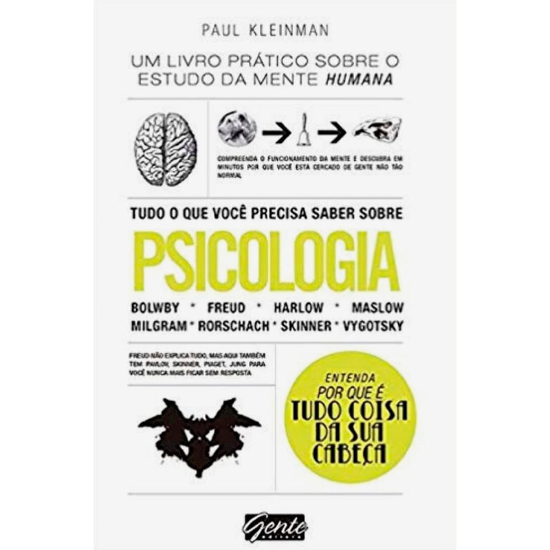 Livro Tudo Que Você Precisa Saber Sobre Psicologia de Paul Kleinman, capa branca com ilustrações. — Plenitude