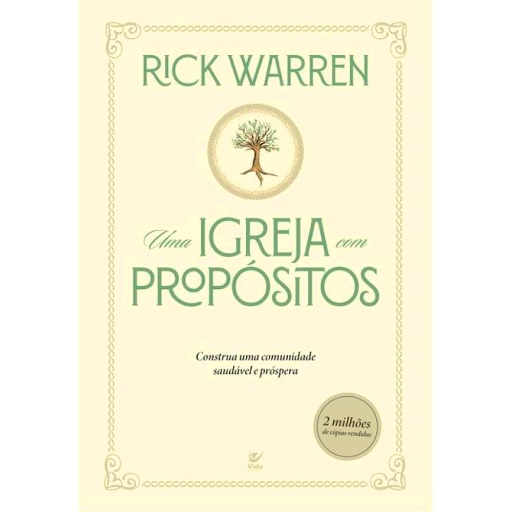 Capa de livro Uma Igreja com Propósitos, bege com borda decorada e uma árvore no centro. — Plenitude