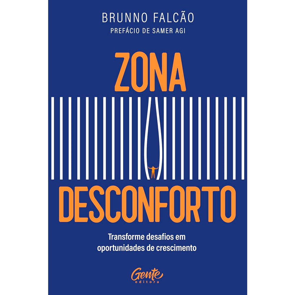 Livro "Zona Desconforto" de Brunno Falcão, capa azul com listras brancas e título laranja. — Plenitude