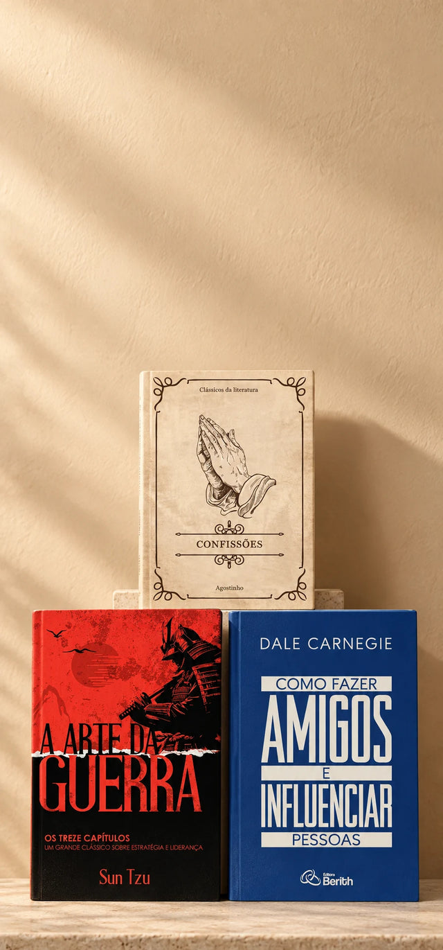 Confissões de Agostinho, A Arte da Guerra de Sun Tzu e Como Fazer Amigos e Influenciar Pessoas de Dale Carnegie em pé numa bancada