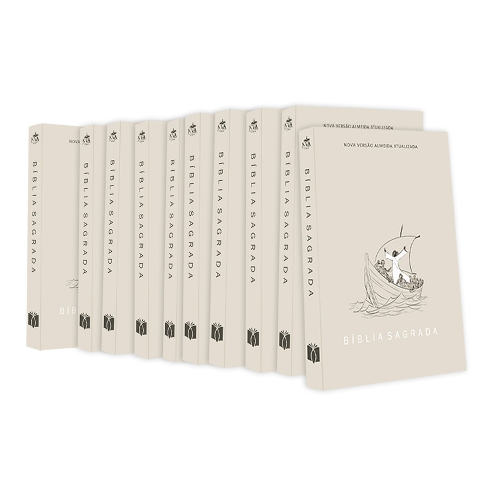 Kit 10 Bíblias Sagradas Jesus no Barco NVA, capas brochura bege com ilustração de barco. — Plenitude
