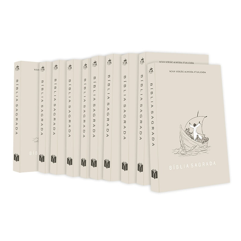 Kit 10 Bíblias Sagradas Jesus no Barco NVA, capas brochura bege com ilustração de barco. — Plenitude