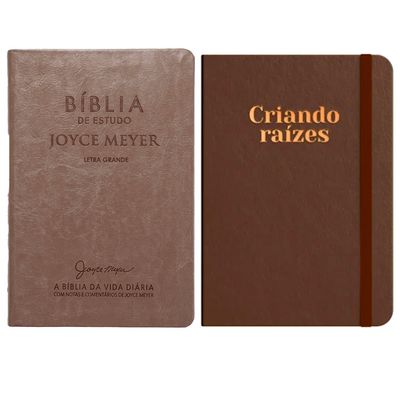 Kit Bíblia De Estudo Joyce Meyer | NVI | Letra Grande | Capa Marrom Claro + Moleskine Criando Raízes | Bronze | Viviane Martinello