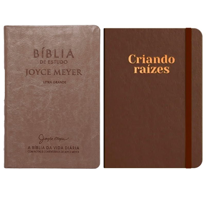 Kit Bíblia De Estudo Joyce Meyer | NVI | Letra Grande | Capa Marrom Claro + Moleskine Criando Raízes | Bronze | Viviane Martinello