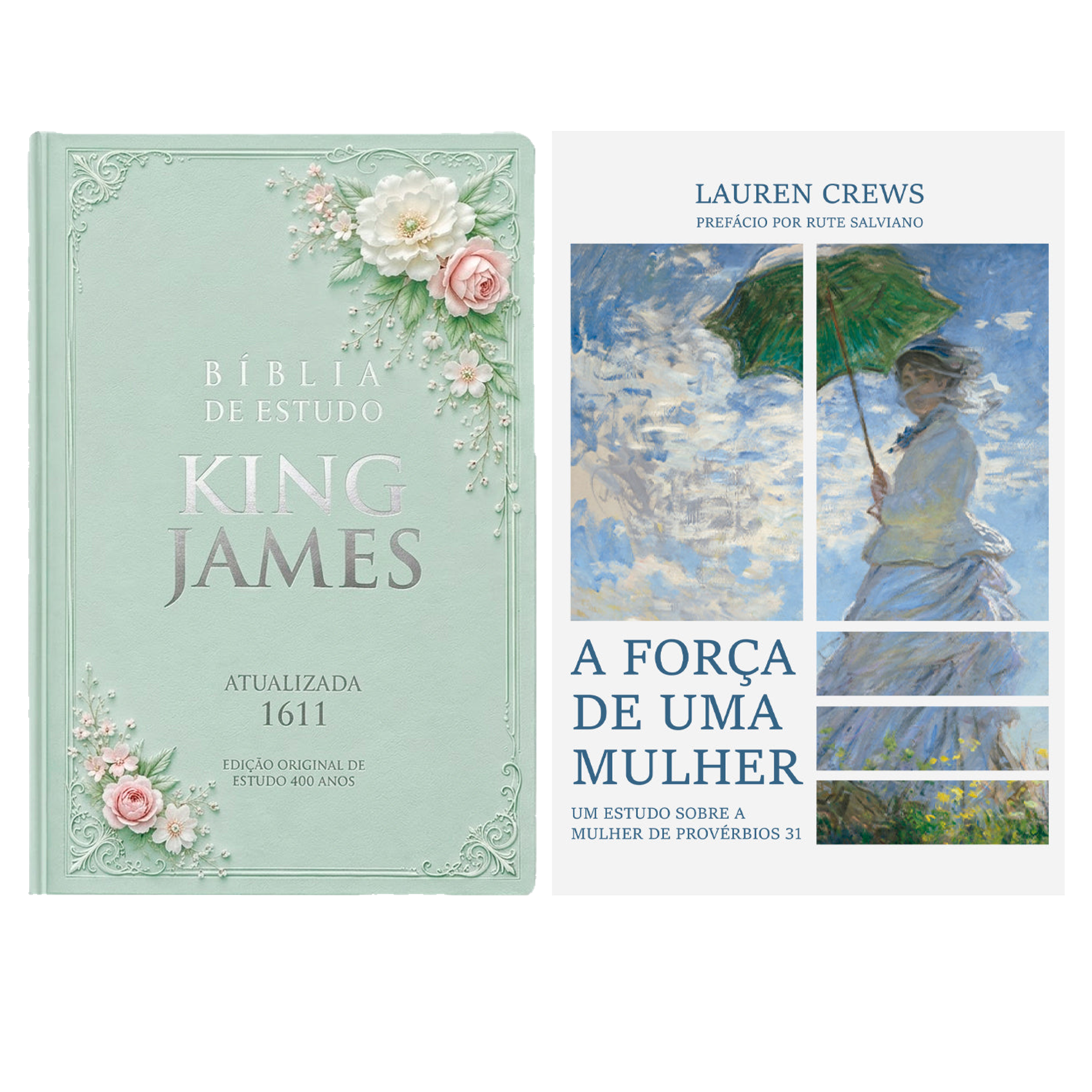 Kit Bíblia de Estudo King James 1611 | KJA 400 Anos | Full Collor | Capa Dura Verde Floral + A Força de Uma Mulher | Lauren Crews