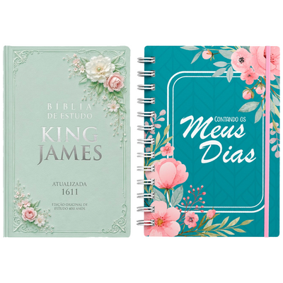 Kit Bíblia de Estudo King James 1611 | KJA 400 Anos | Full Collor | Capa Dura Verde Floral + Planner Contando os Meus Dias | Capa Verde Floral