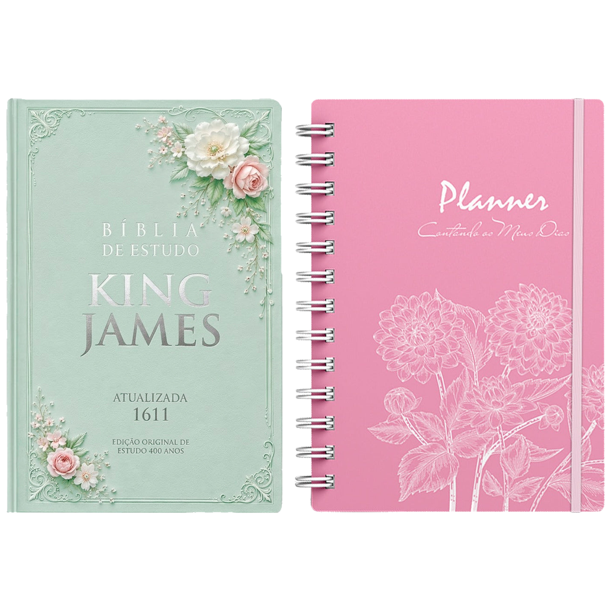 Kit Bíblia de Estudo King James 1611 | KJA 400 Anos | Full Collor | Capa Dura Verde Floral + Planner Contando os Meus Dias | Capa Dálias Rosa
