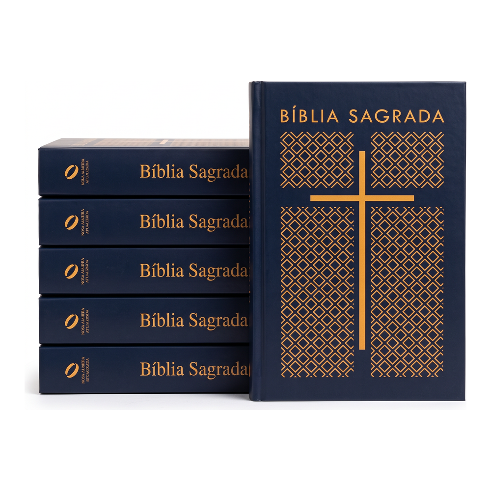 Kit Bíblia Sagrada Cruz Azul Tracejado | NAA | Letra Normal | Capa Ilustrada 5un