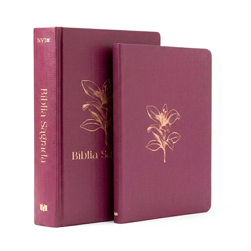 Kit Livro Bloco de Anotações e Bíblia Sagrada Feminina, Capa Brochura, bordô com estampa de lírio. — Plenitude