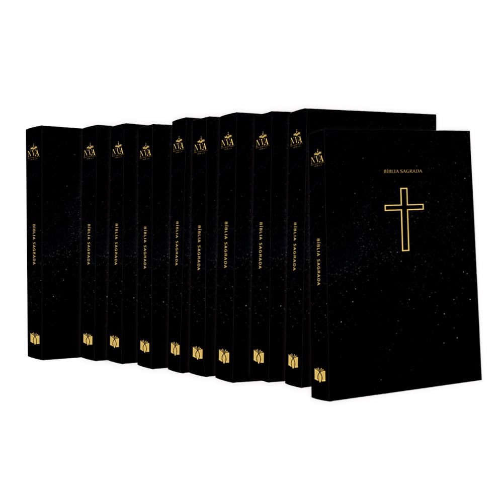 Kit de 10 Bíblias Sagradas NVA Salvos Pela Graça, capa brochura preta com cruz dourada. — Plenitude