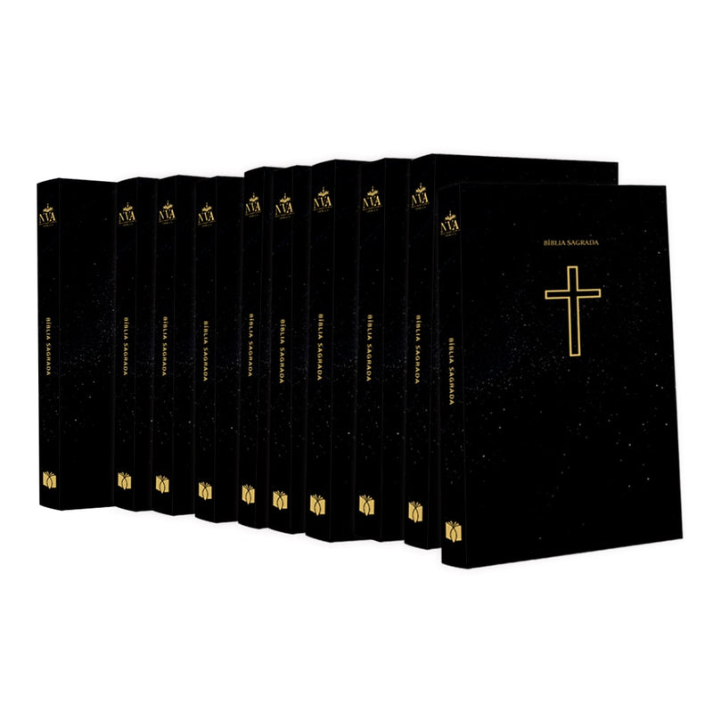 Kit de 10 Bíblias Sagradas NVA Salvos Pela Graça, capa brochura preta com cruz dourada. — Plenitude