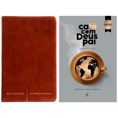 Kit Bíblia Sagrada Slim | NVI | Letra Normal | Capa Luxo Marrom + Café Com Deus Pai 2026 | Porções Diárias de Amor | Junior Rostirola