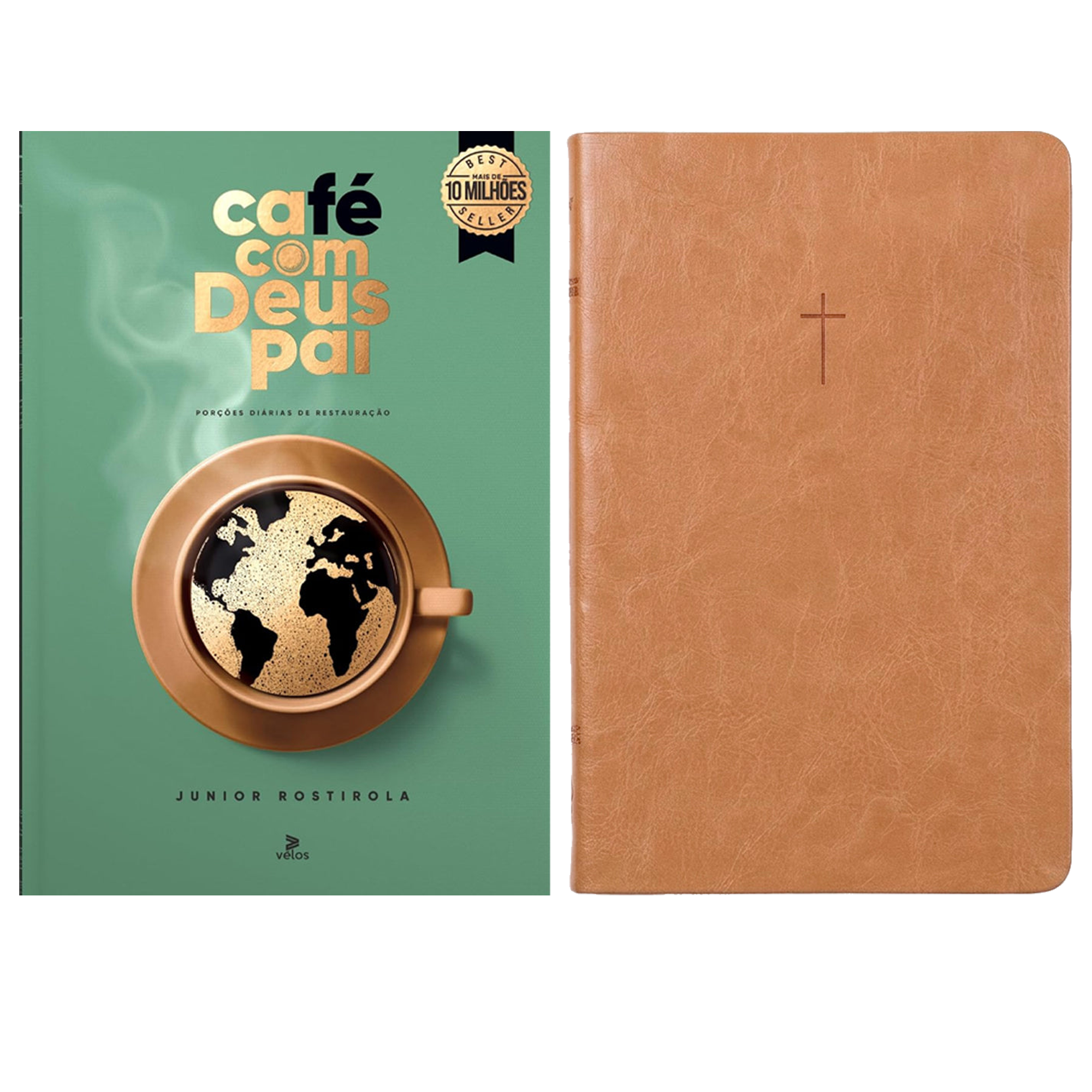 Kit Café Com Deus Pai 2027 | Júnior Rostirola | Capa Brochura + Bíblia Slim NVI | Poder da Cruz | Capa Luxo Caramelo