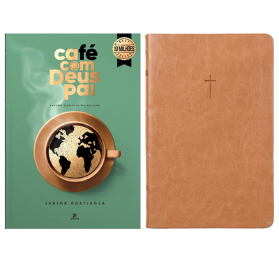 Kit Café Com Deus Pai 2027 | Júnior Rostirola | Capa Brochura + Bíblia Slim NVI | Poder da Cruz | Capa Luxo Caramelo