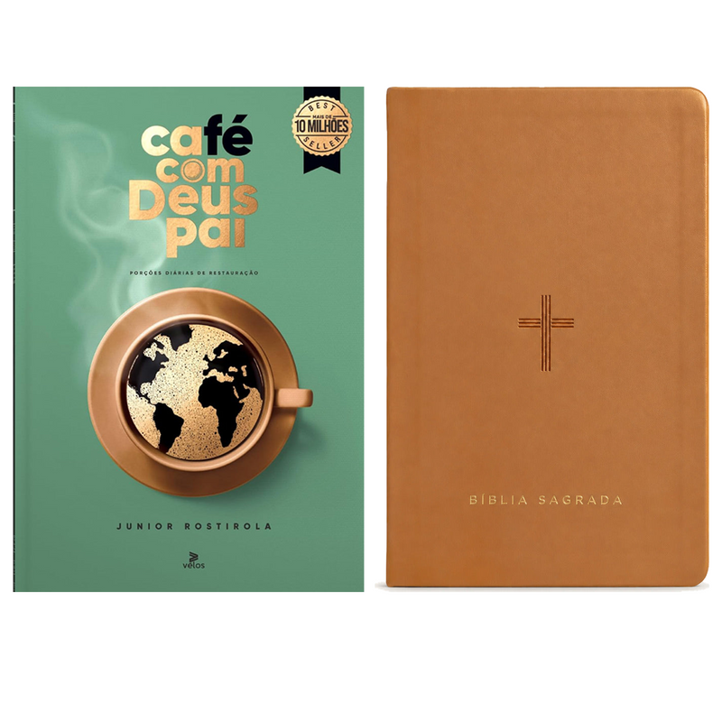 Kit Café Com Deus Pai 2027 | Júnior Rostirola | Capa Brochura + Bíblia Slim NVT | Poder da Cruz | Capa Luxo Caramelo