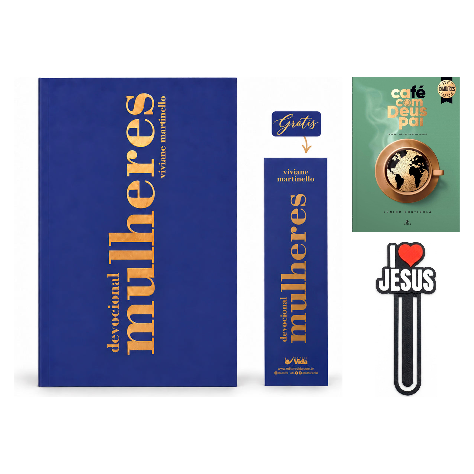 Kit Café Com Deus Pai 2027 | Júnior Rostirola | Capa Brochura + Devocional Mulheres 2027 | Viviane Martinello + Grátis Marca Página 3D I Love Jesus