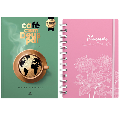 Kit Café Com Deus Pai 2027 | Júnior Rostirola | Capa Brochura + Planner Contando os Meus Dias | Capa Dálias Rosa
