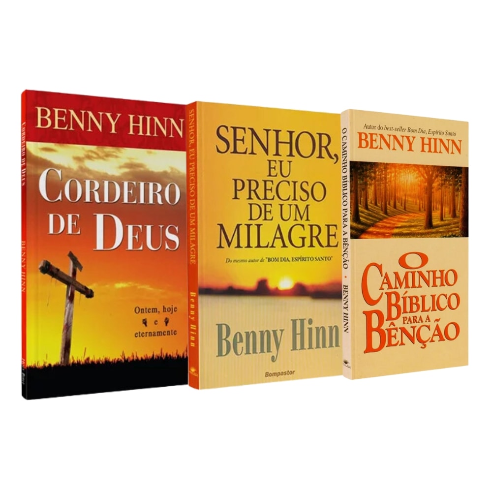Kit com 3 livros de Benny Hinn, capas em vermelho, amarelo e bege, com temas religiosos. — Plenitude