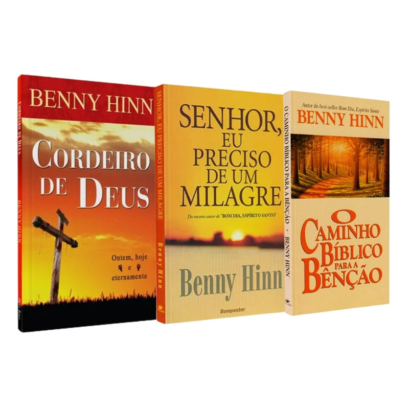 Kit com 3 livros de Benny Hinn, capas em vermelho, amarelo e bege, com temas religiosos. — Plenitude