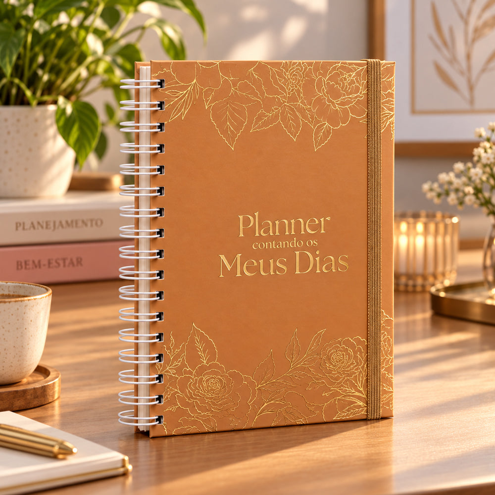 Capa de Planner Contando os Meus Dias | Capa Dourada Floral — item do Kit Devocional Moldadas | 365 Dias com as Mulheres da Bíblia | Rute Salviano e Karina Bonello + Planner Contando os Meus Dias | Capa Dourada Floral · foto 2