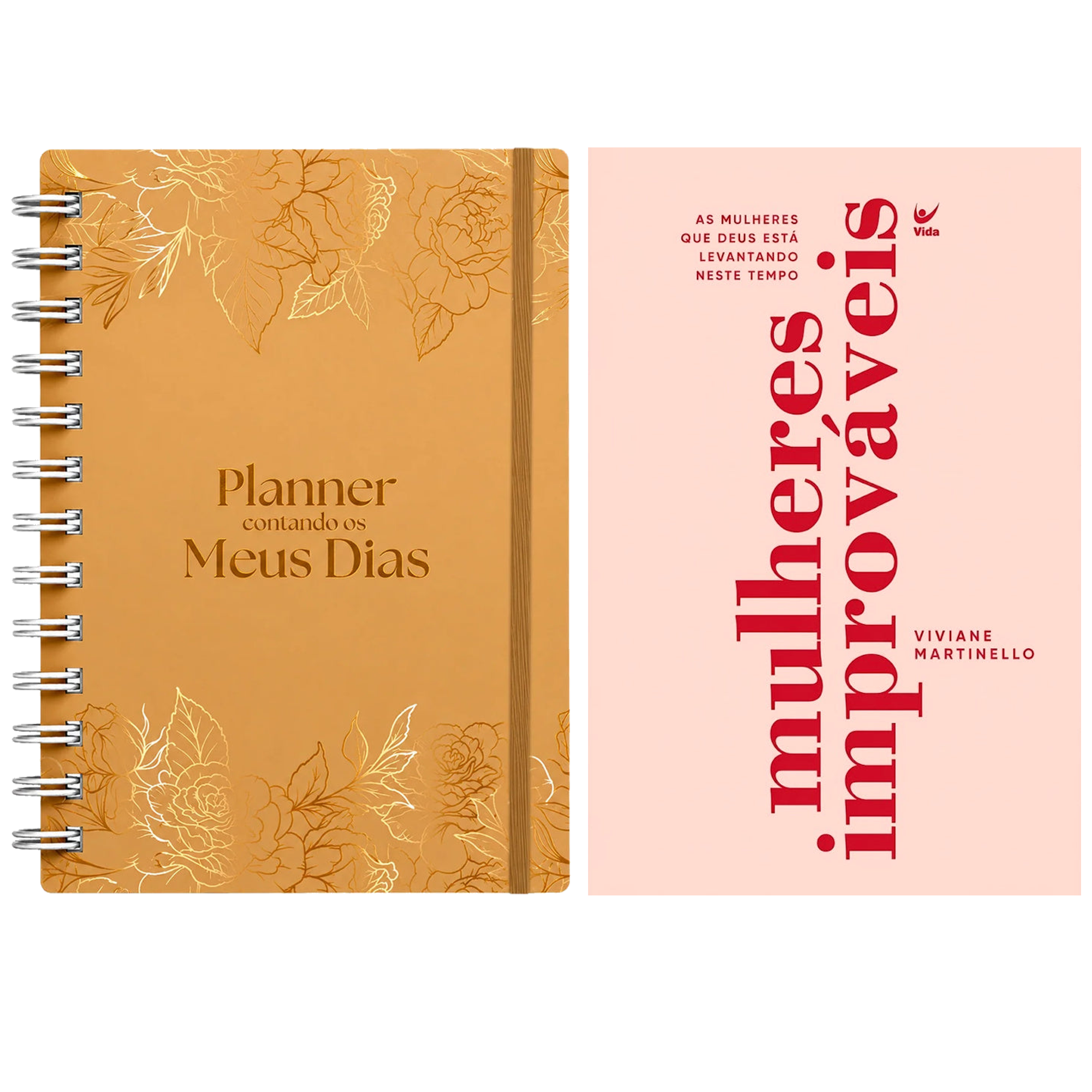Kit Planner Contando os Meus Dias | Capa Dourada Floral + Mulheres Improváveis | Viviane Martinello