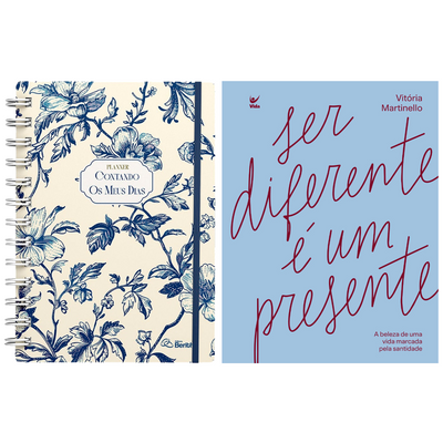 Kit Planner Contando os Meus Dias | Capa Floral Azul + Ser Diferente é Um Presente | Vitória Martinello