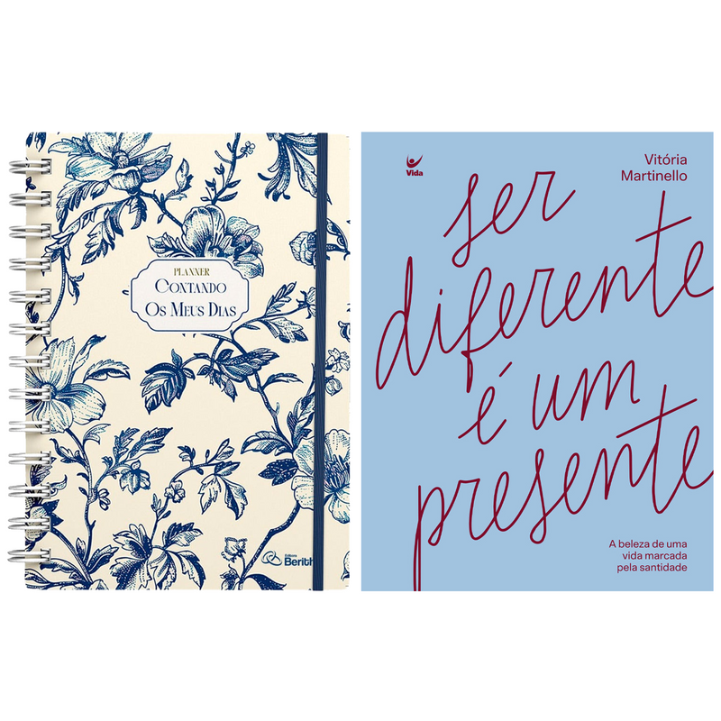 Kit Planner Contando os Meus Dias | Capa Floral Azul + Ser Diferente é Um Presente | Vitória Martinello