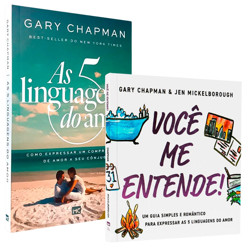 Kit Transformação a Dois, 2 livros de Gary Chapman, capas brancas com ilustrações sobre amor e relacionamentos. — Plenitude